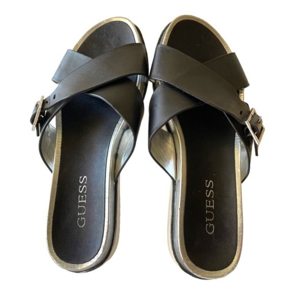 GUESS Women's Slip-on Deana Black, Sliver & White Leather Buckel Sandel Sz 9.5 - Picture 11 of 11